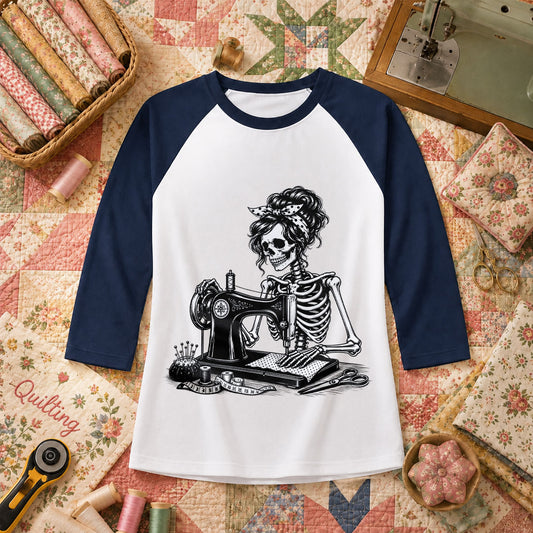 Skeleton Bandana Woman Sewing Machine Vintage Raglan Sleeve - Navy