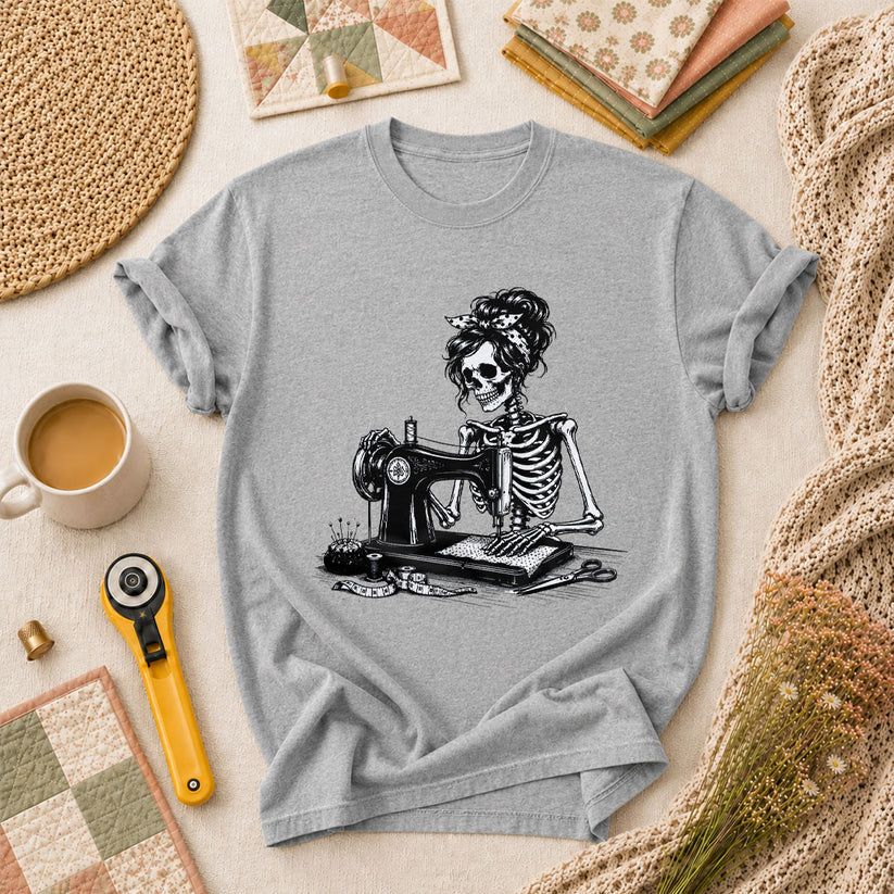 Skeleton Bandana Woman Sewing Machine Vintage T-Shirt - Athletic Heather