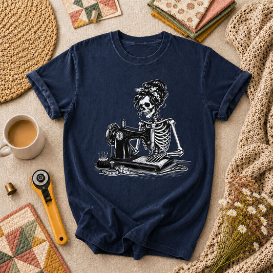 Skeleton Bandana Woman Sewing Machine Vintage T-Shirt - Navy