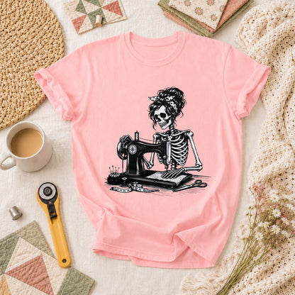 Skeleton Bandana Woman Sewing Machine Vintage T-Shirt - Pink
