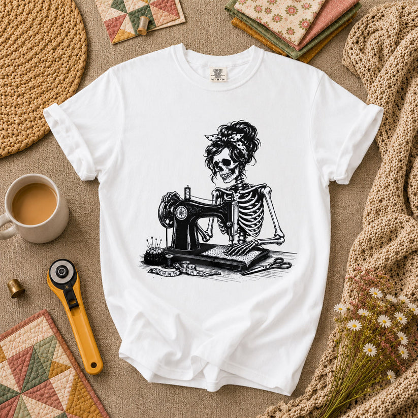 Skeleton Bandana Woman Sewing Machine Vintage T-Shirt - White