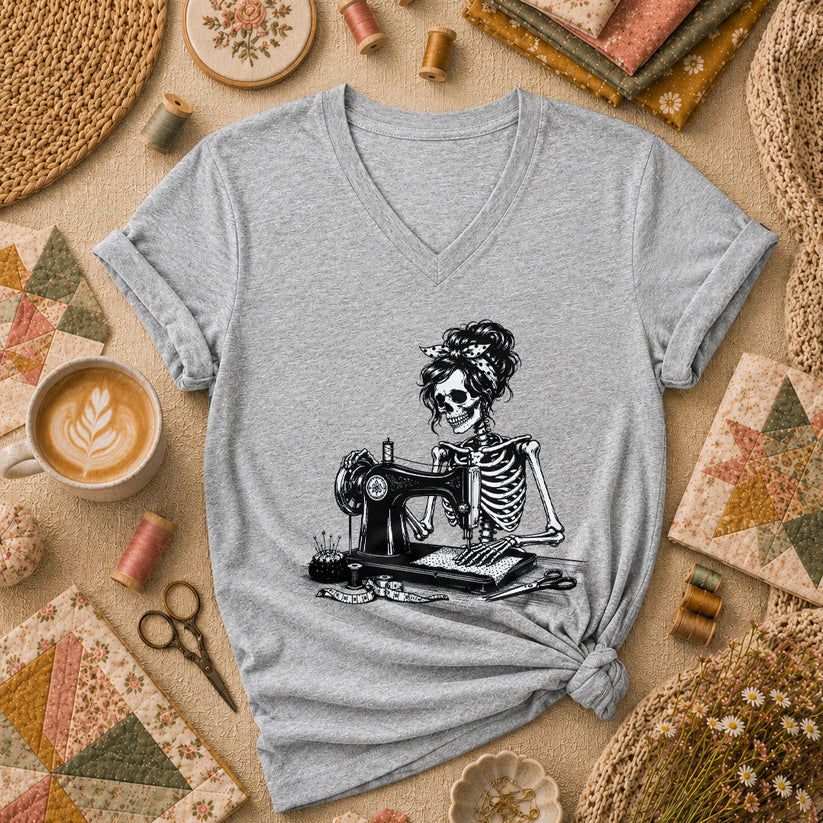 Skeleton Bandana Woman Sewing Machine Vintage Women's V-Neck - Athletic Heather