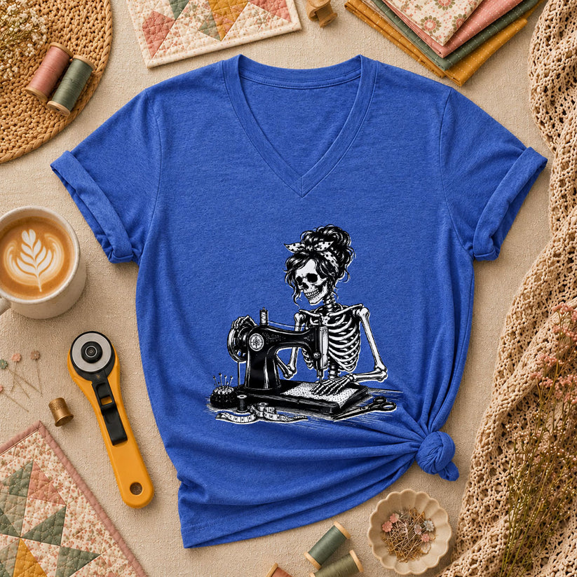 Skeleton Bandana Woman Sewing Machine Vintage Women's V-Neck - Heather True Royal