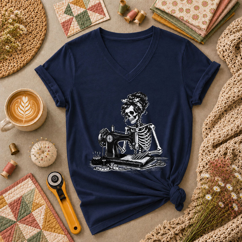 Skeleton Bandana Woman Sewing Machine Vintage Women's V-Neck - Navy