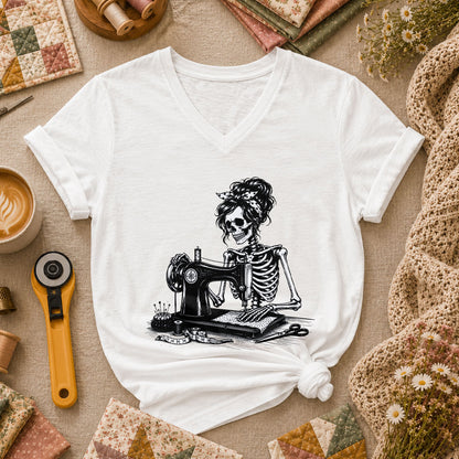 Skeleton Bandana Woman Sewing Machine Vintage Women's V-Neck - White