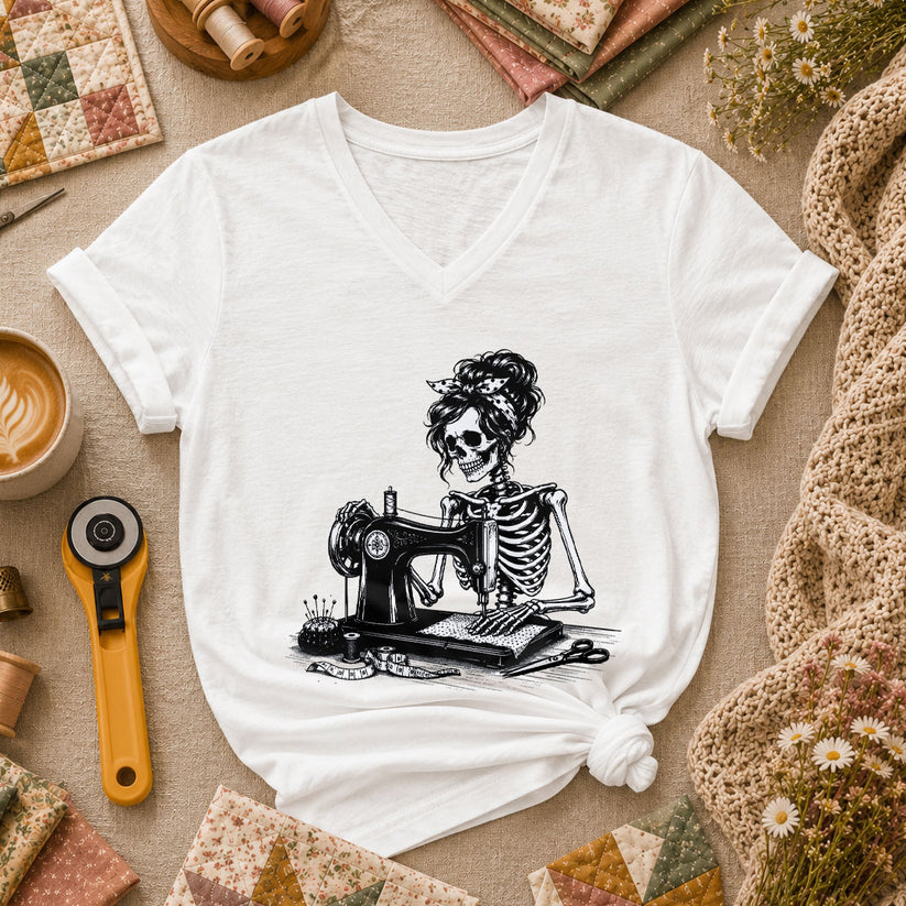 Skeleton Bandana Woman Sewing Machine Vintage Women's V-Neck - White