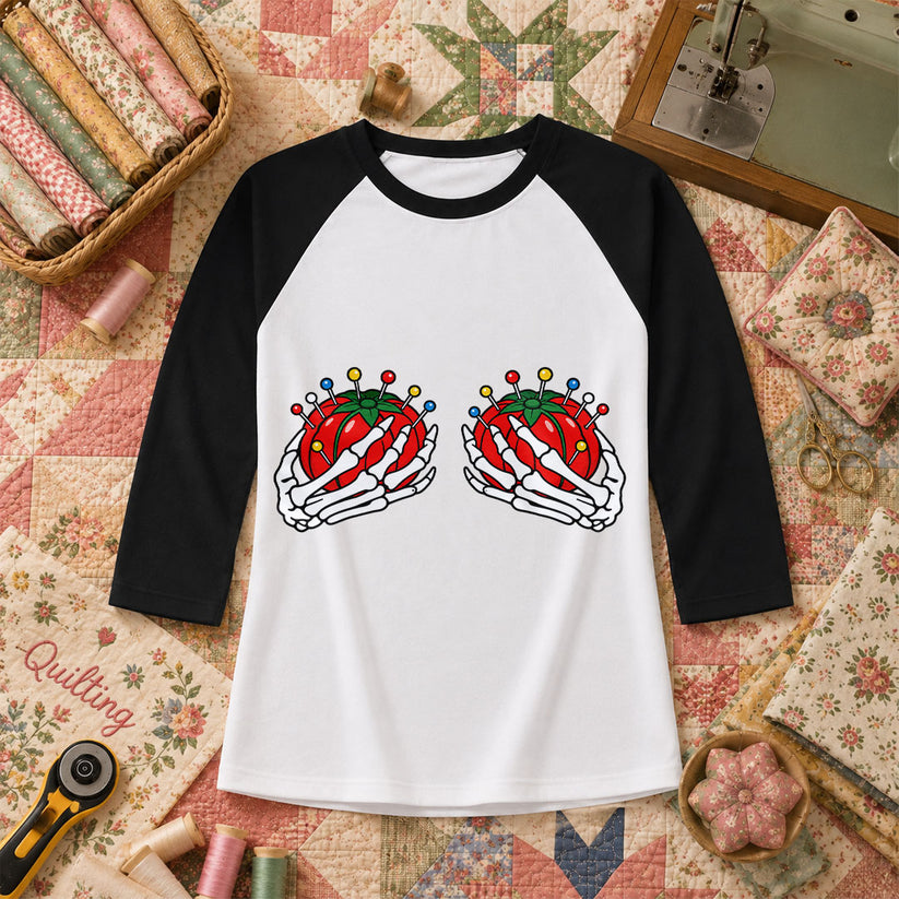 Skeleton Hands Holding Tomato Pincushions Raglan Sleeve - Black