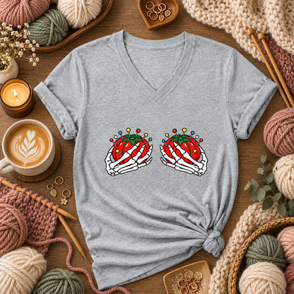 Skeleton Hands Holding Tomato Pincushions Women's V-Neck - Athletic Heather