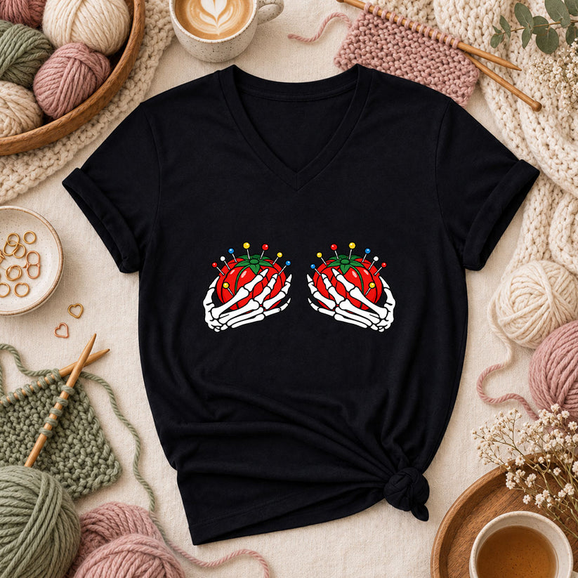 Skeleton Hands Holding Tomato Pincushions Women's V-Neck - Black