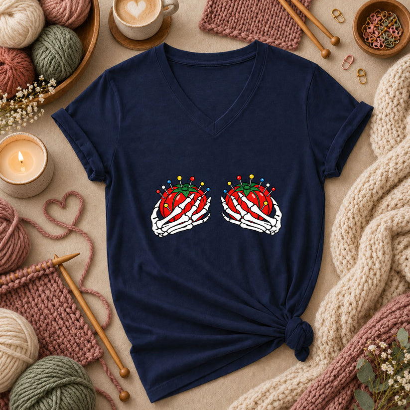 Skeleton Hands Holding Tomato Pincushions Women's V-Neck - Navy