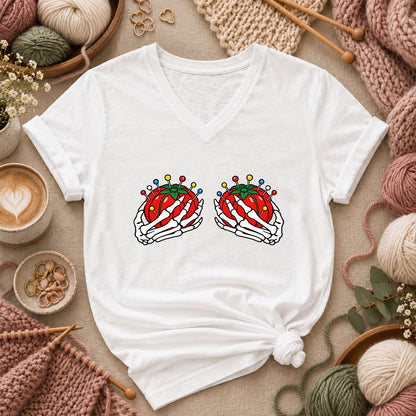 Skeleton Hands Holding Tomato Pincushions Women's V-Neck - White