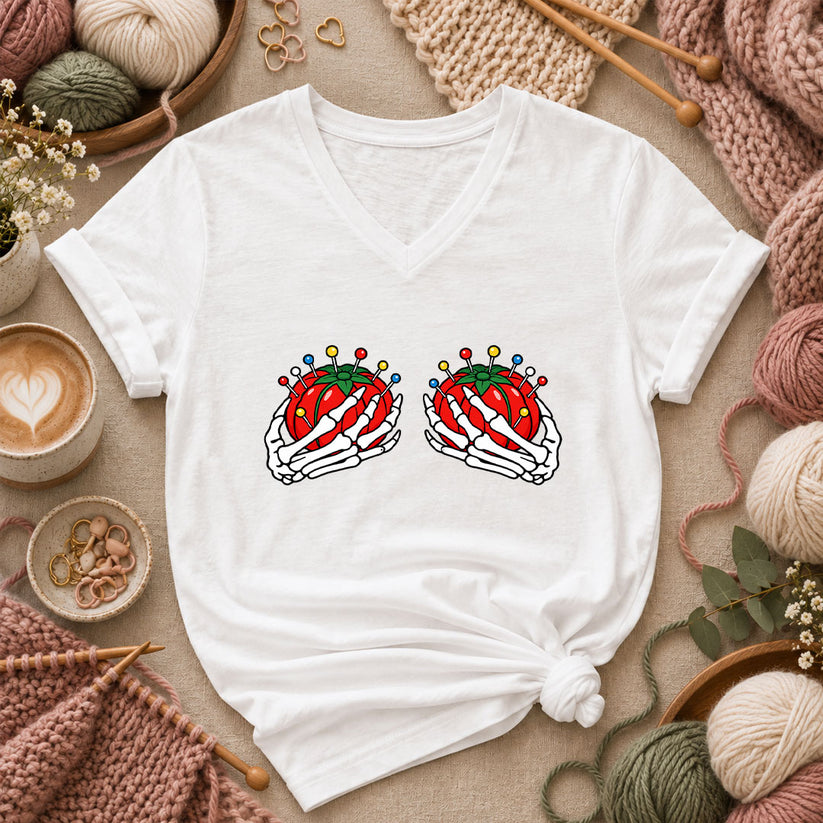 Skeleton Hands Holding Tomato Pincushions Women's V-Neck - White