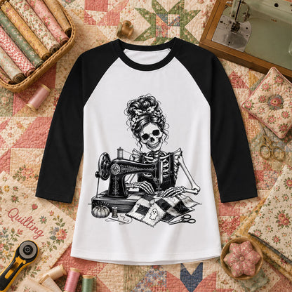 Skeleton Quilter Sewing Machine Halloween Raglan Sleeve - Black