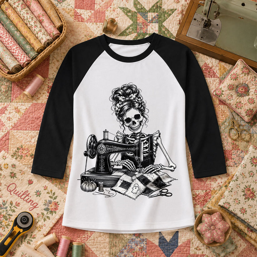 Skeleton Quilter Sewing Machine Halloween Raglan Sleeve - Black