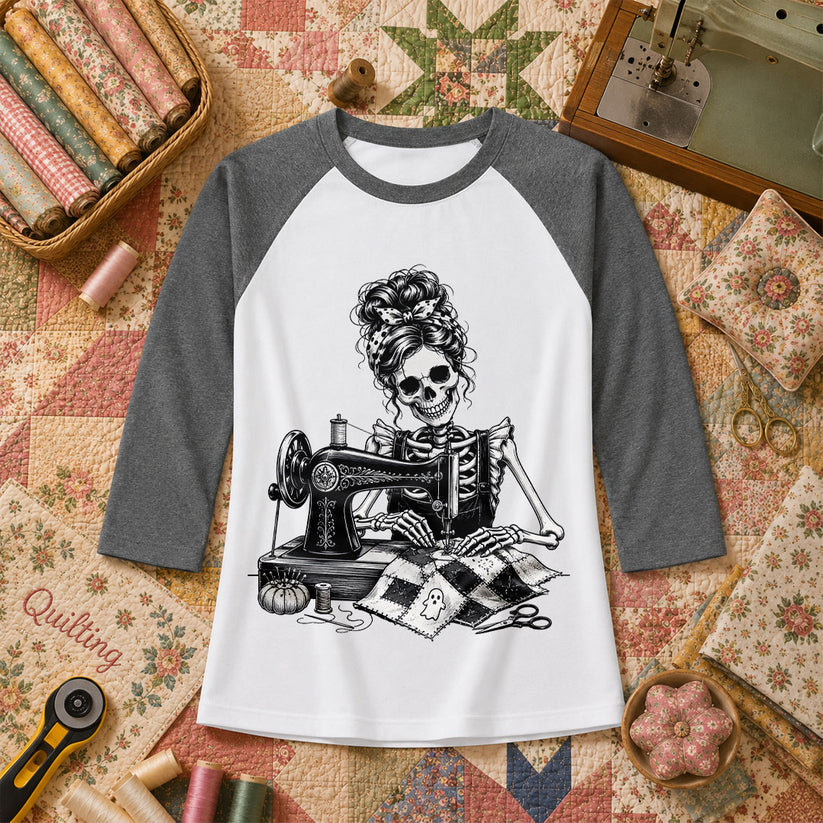 Skeleton Quilter Sewing Machine Halloween Raglan Sleeve - Deep Heather