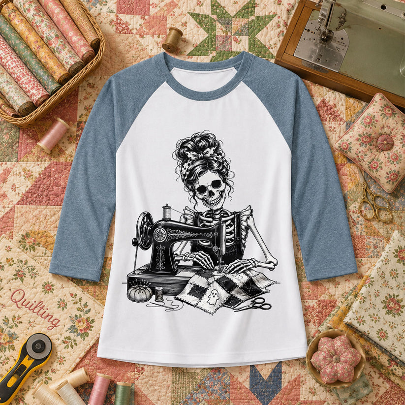 Skeleton Quilter Sewing Machine Halloween Raglan Sleeve - Denim