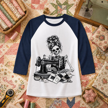 Skeleton Quilter Sewing Machine Halloween Raglan Sleeve - Navy