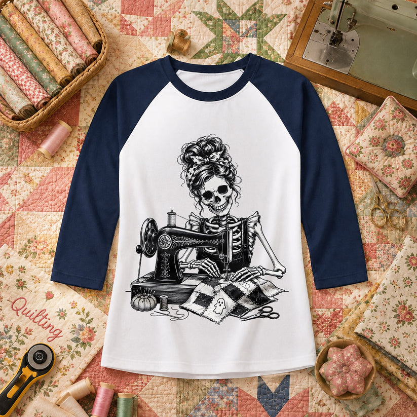 Skeleton Quilter Sewing Machine Halloween Raglan Sleeve - Navy