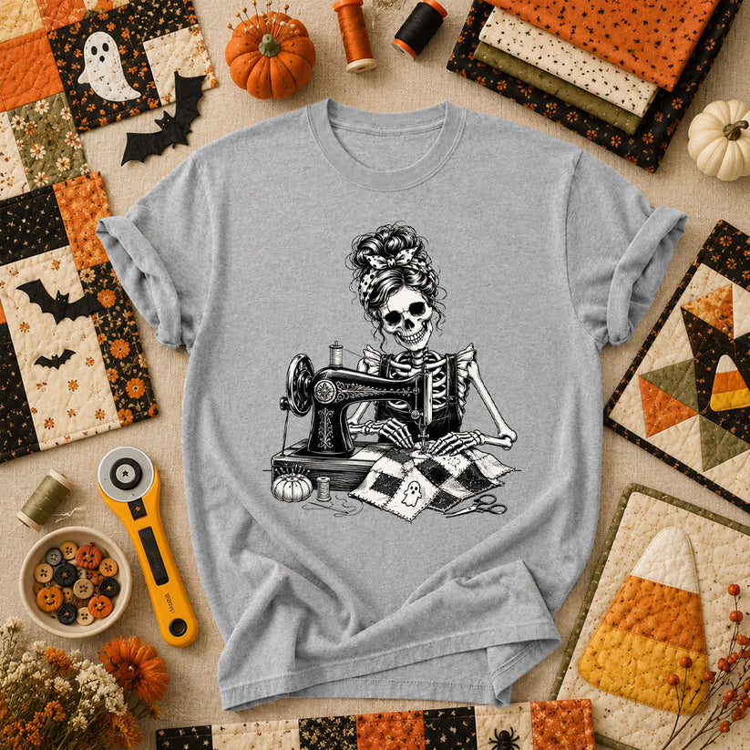 Skeleton Quilter Sewing Machine Halloween T-Shirt - Athletic Heather