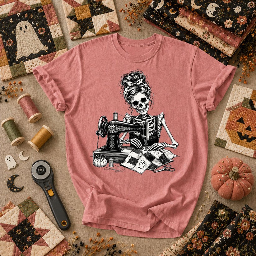 Skeleton Quilter Sewing Machine Halloween T-Shirt - Heather Mauve