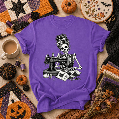 Skeleton Quilter Sewing Machine Halloween T-Shirt - Heather Team Purple