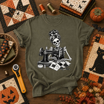Skeleton Quilter Sewing Machine Halloween T-Shirt - Military Green