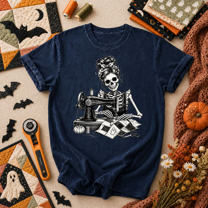 Skeleton Quilter Sewing Machine Halloween T-Shirt - Navy