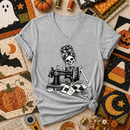 Skeleton Quilter Sewing Machine Halloween Women's V-Neck - Athletic Heather
