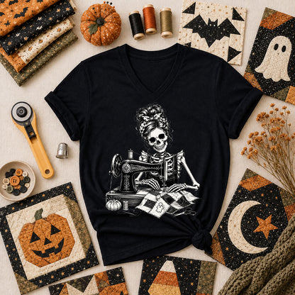 Skeleton Quilter Sewing Machine Halloween Women's V-Neck - Black