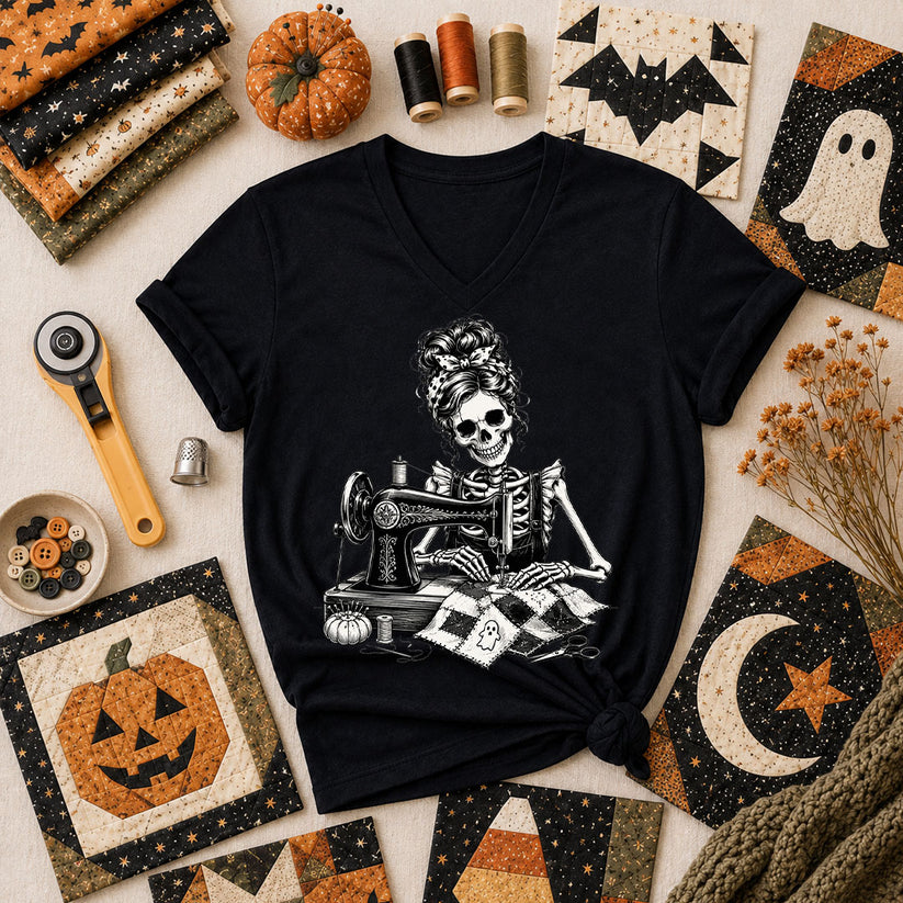 Skeleton Quilter Sewing Machine Halloween Women's V-Neck - Black
