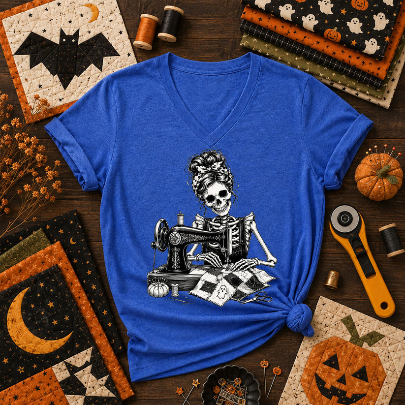 Skeleton Quilter Sewing Machine Halloween Women's V-Neck - Heather True Royal