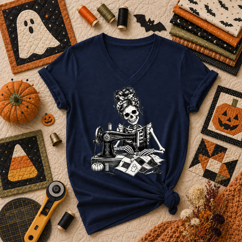 Skeleton Quilter Sewing Machine Halloween Women's V-Neck - Navy