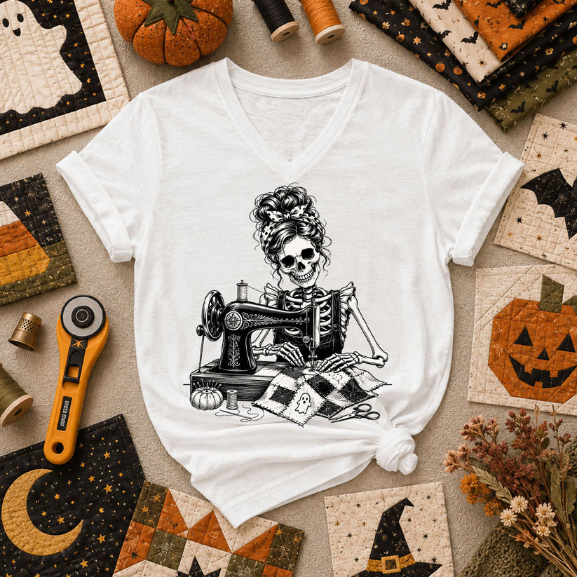 Skeleton Quilter Sewing Machine Halloween Women's V-Neck - White
