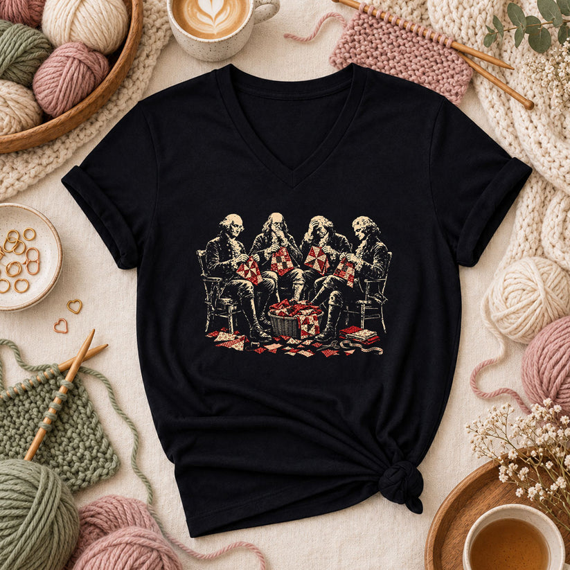 Skeletons Quilting Bee Circle Women's V-Neck - Black