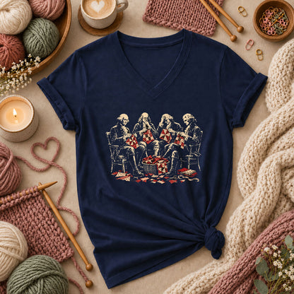 Skeletons Quilting Bee Circle Women's V-Neck - Navy