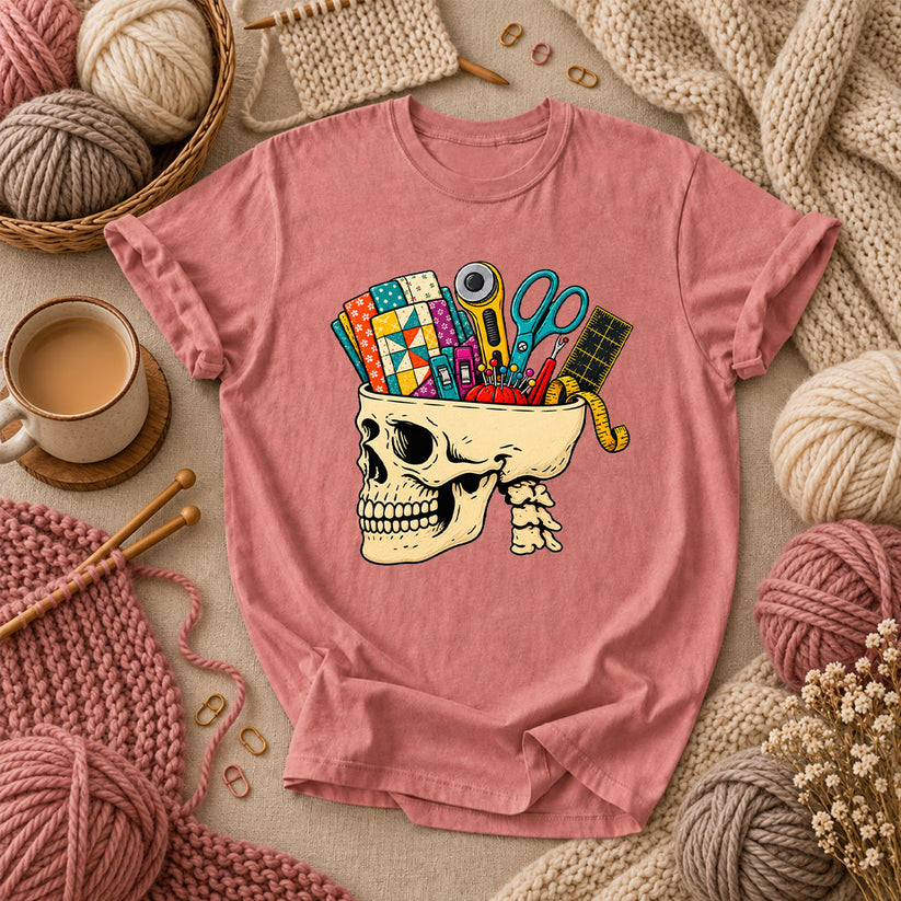 Skull Full Of Quilting Notions T-Shirt - Heather Mauve