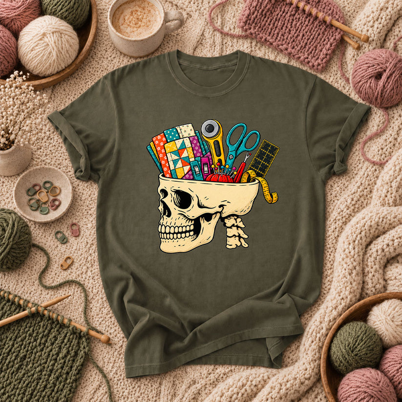 Skull Full Of Quilting Notions T-Shirt - Military Green