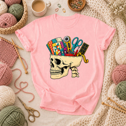 Skull Full Of Quilting Notions T-Shirt - Pink