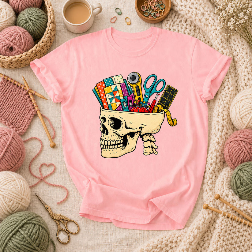 Skull Full Of Quilting Notions T-Shirt - Pink