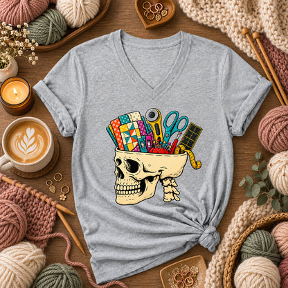 Skull Full Of Quilting Notions Women's V-Neck - Athletic Heather