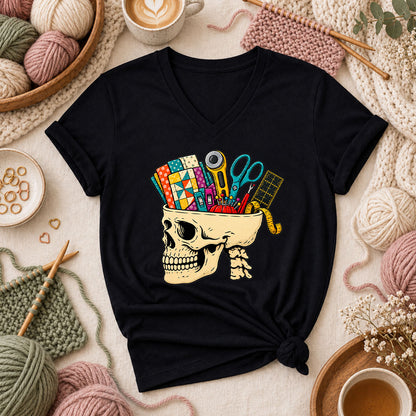 Skull Full Of Quilting Notions Women's V-Neck - Black
