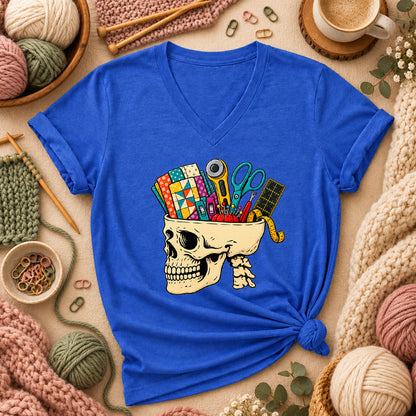 Skull Full Of Quilting Notions Women's V-Neck - Heather True Royal