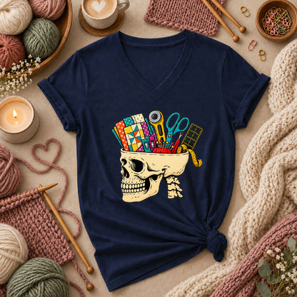 Skull Full Of Quilting Notions Women's V-Neck - Navy