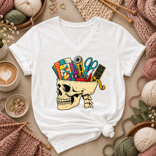 Skull Full Of Quilting Notions Women's V-Neck