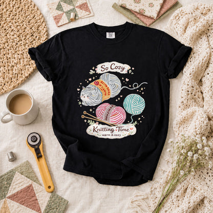 So Cozy Knitting Time Cat Yarn T-Shirt - Black