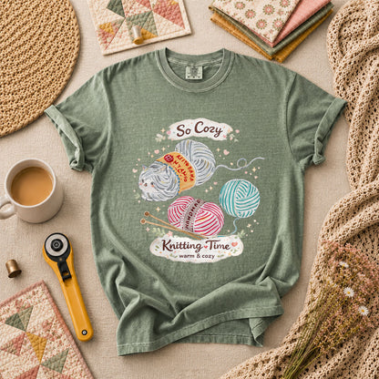 So Cozy Knitting Time Cat Yarn T-Shirt - Forest Green