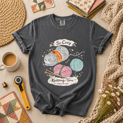 So Cozy Knitting Time Cat Yarn T-Shirt - Grey