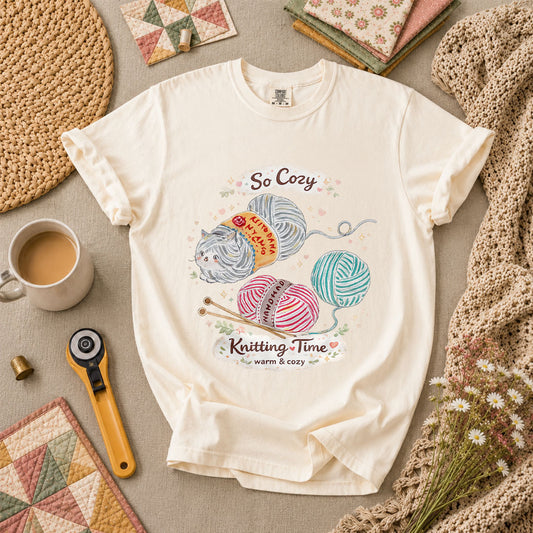 So Cozy Knitting Time Cat Yarn T-Shirt - Ivory