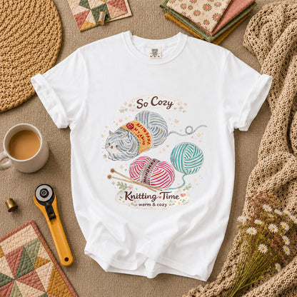So Cozy Knitting Time Cat Yarn T-Shirt - White