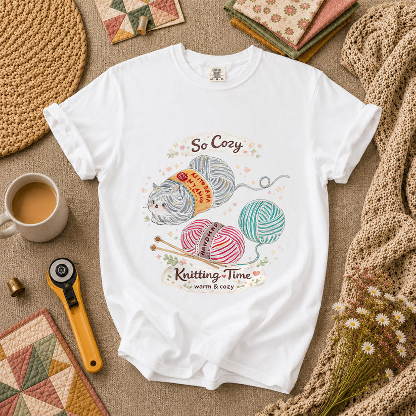 So Cozy Knitting Time Cat Yarn T-Shirt - White